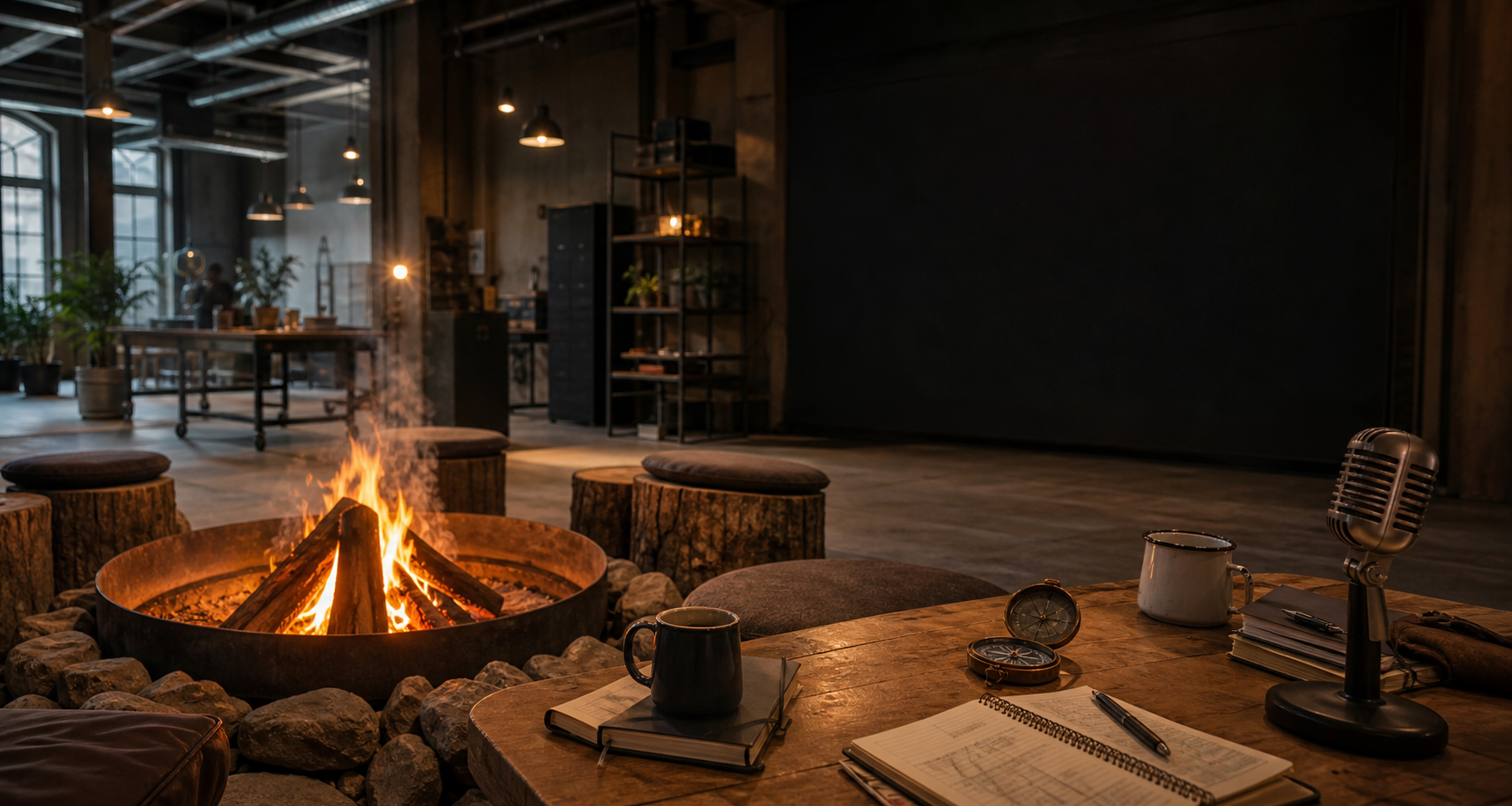 Lagerfeuer-Szene in Werkstattatmosphäre